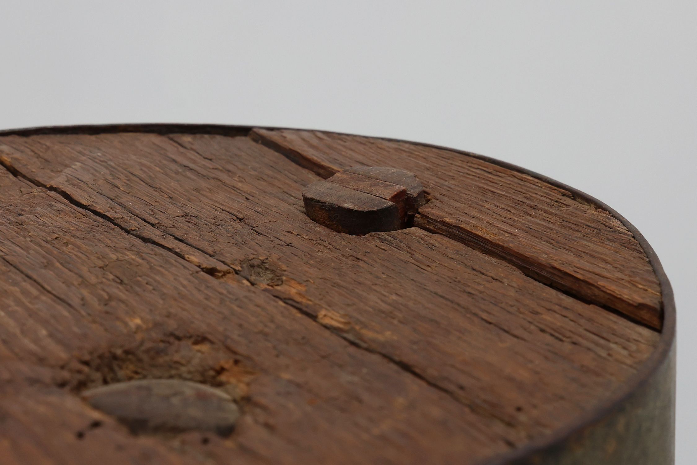 Brutalist French 1850s solid oak tripod stools with metal rim, set of 4thumbnail